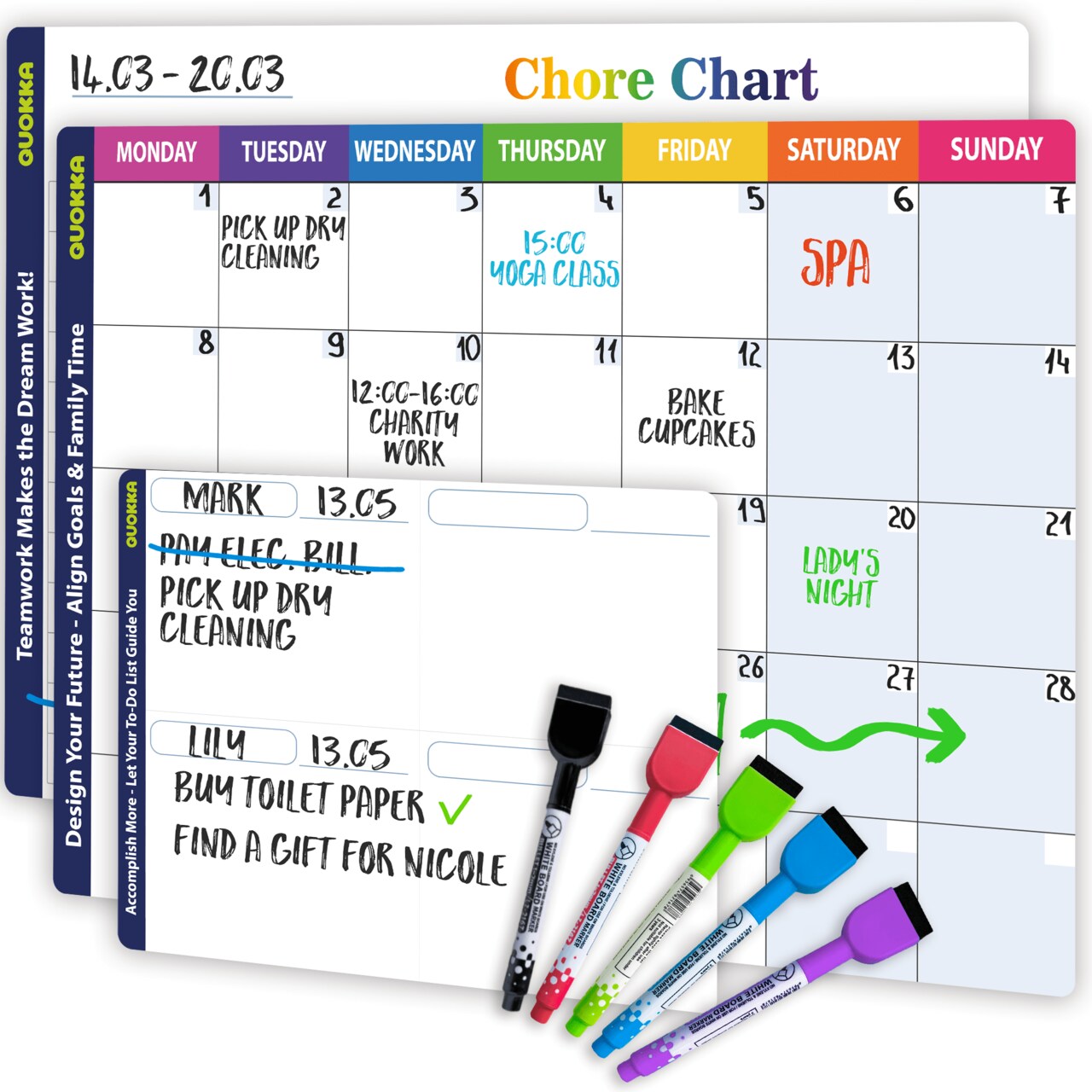 QUOKKA Magnetic Chore Chart for Adults and Multiple Kids - Routine Chart Board for Family Calendar | Weekly Tasks | Montly Planner | Daily Notes | - Behavior Reward Dry Erase Schedule | Family Calendar